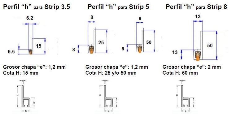 perfil aluminio h para cepillo strip